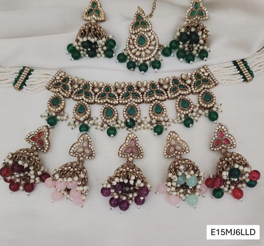 Meenakari Ethnic Kundan & Pearl Set - Choker, Earrings & Mangtikka in Mehendi Color - Red, Pink, Dark Pink, Multicolor, Mint Green, Green