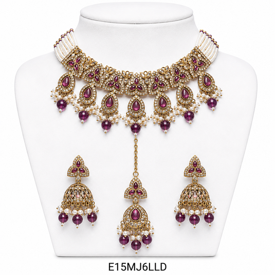 Meenakari Ethnic Kundan & Pearl Set - Choker, Earrings & Mangtikka in Mehendi Color - Pink, Maroon, Wine, Green, Red Green, Mint Pink