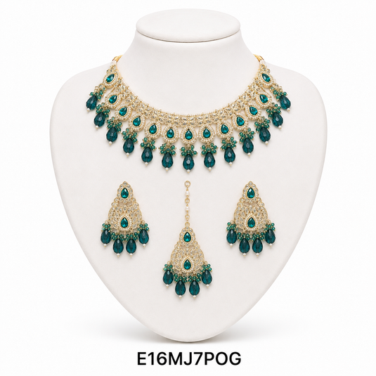 Meenakari Ethnic Kundan & Pearl Set - Choker, Earrings & Mangtikka in Yellow Gold - Red, Green & Multicolor