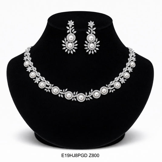 Premium AAA Grade Cubic Zircon/American Diamond Sets with Pearls - Necklace & Earrings