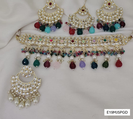 Meenakari Ethnic Kundan & Pearl Set - Choker, Earrings & Mangtikka in Yellow Gold - White & Multicolor