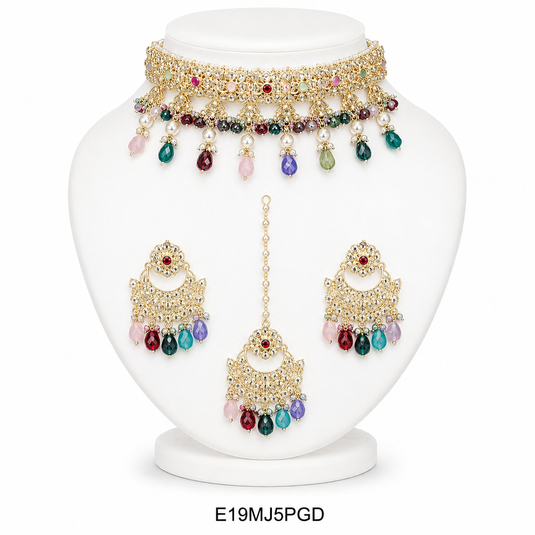 Meenakari Ethnic Kundan & Pearl Set - Choker, Earrings & Mangtikka in Yellow Gold - White & Multicolor