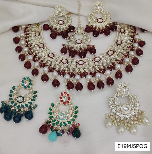 Meenakari Ethnic Kundan & Pearl Set - Choker, Earrings & Mangtikka in Yellow Gold - Green, Maroon, White & Multicolor