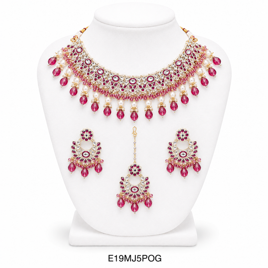 Meenakari Ethnic Kundan & Pearl Set - Choker, Earrings & Mangtikka in Yellow Gold - Light Blue, Maroon, Multicolor, Green, Violet, Red, Pink