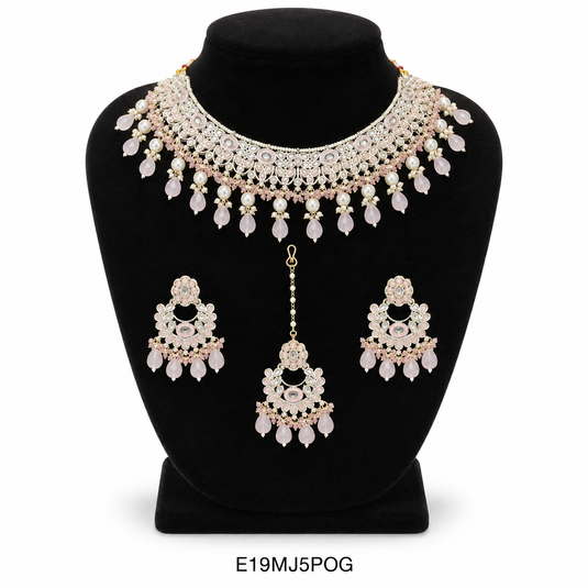 Meenakari Ethnic Kundan & Pearl Set - Choker, Earrings & Mangtikka in Yellow Gold - Light Blue, Maroon, Multicolor, Green, Violet, Red, Pink