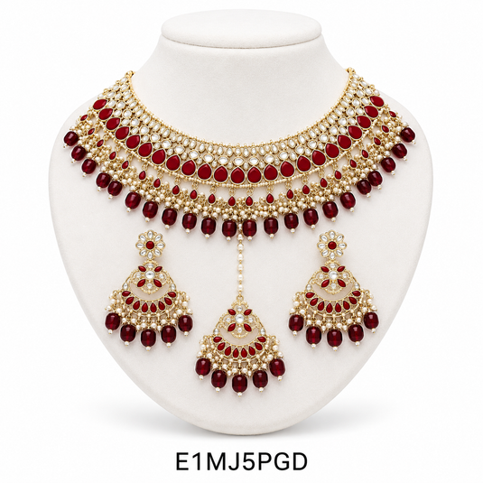 Meenakari Ethnic Kundan & Pearl Set - Choker, Earrings & Mangtikka in Yellow Gold - Red, White, Multi