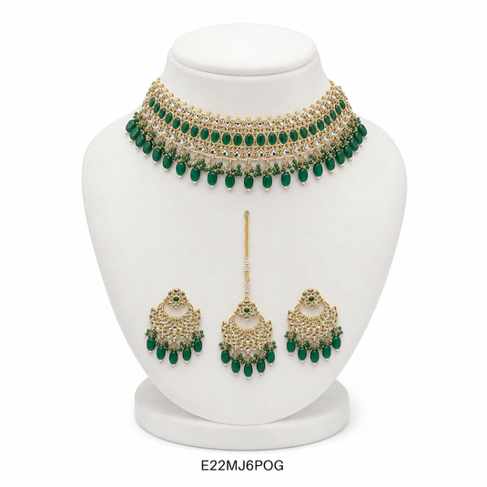 Meenakari Ethnic Kundan & Pearl Set - Choker, Earrings &amp; Mangtikka in Yellow Gold - Navy Blue, Light Blue, Maroon, Mint Green, Dark Green, Violet