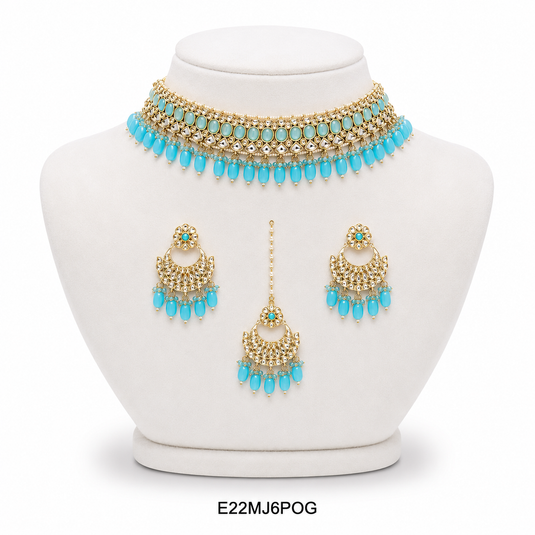 Meenakari Ethnic Kundan & Pearl Set - Choker, Earrings &amp; Mangtikka in Yellow Gold - Navy Blue, Light Blue, Maroon, Mint Green, Dark Green, Violet
