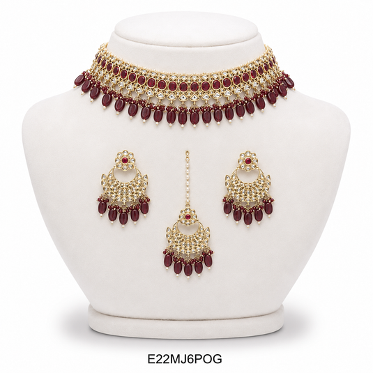 Meenakari Ethnic Kundan & Pearl Set - Choker, Earrings &amp; Mangtikka in Yellow Gold - Navy Blue, Light Blue, Maroon, Mint Green, Dark Green, Violet