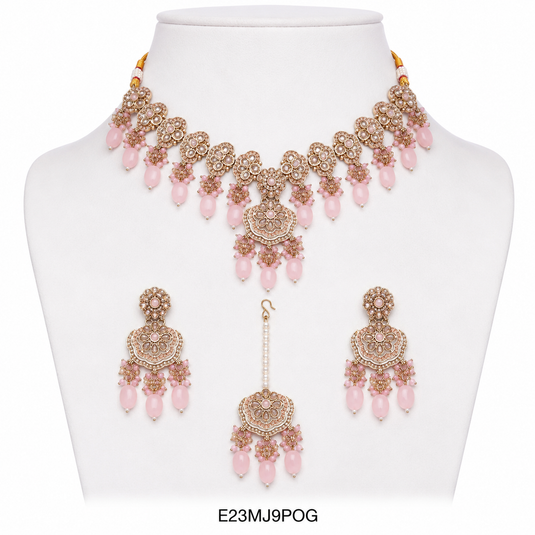 Meenakari Ethnic Kundan & Pearl Set - Choker, Earrings & Mangtikka in Mehendi Color - White, Light Pink, Dark Pink, Multicolor