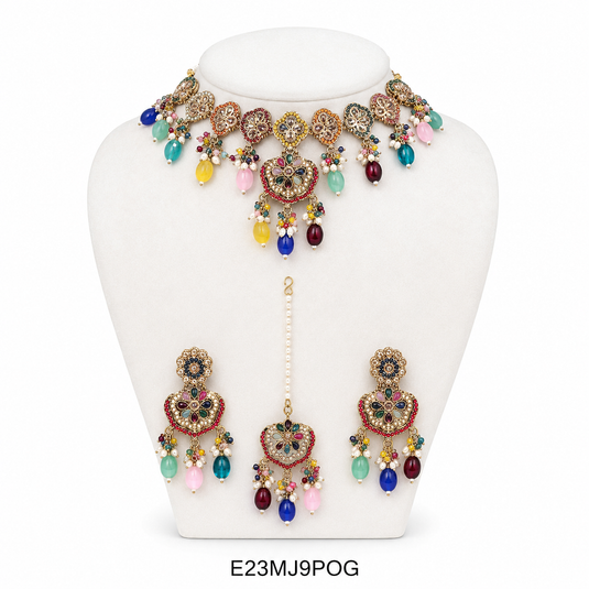 Meenakari Ethnic Kundan & Pearl Set - Choker, Earrings & Mangtikka in Mehendi Color - White, Light Pink, Dark Pink, Multicolor
