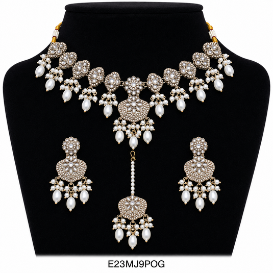 Meenakari Ethnic Kundan & Pearl Set - Choker, Earrings & Mangtikka in Mehendi Color - White, Light Pink, Dark Pink, Multicolor