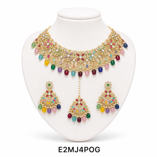 Meenakari Ethnic Kundan & Pearl Set - Choker, Earrings & Mangtikka in Yellow Gold - Red, Multicolor