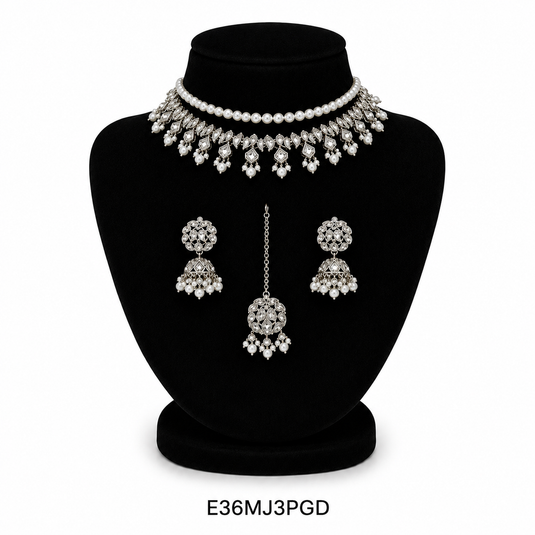 Meenakari Ethnic Kundan & Pearl Set - Choker, Earrings & Mangtikka in Silver Color - White