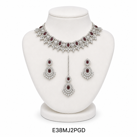 Meenakari Ethnic Kundan & Pearl Set - Choker, Earrings & Mangtikka in Silver Color - Maroon, Orange, Mint, Plain