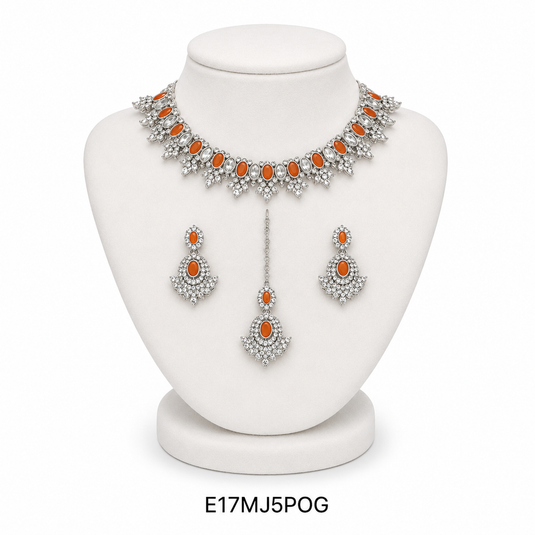Meenakari Ethnic Kundan & Pearl Set - Choker, Earrings & Mangtikka in Silver Color - Maroon, Orange, Mint, Plain