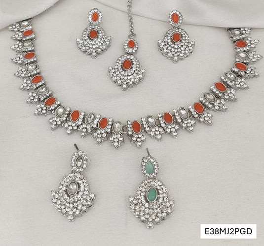 Meenakari Ethnic Kundan & Pearl Set - Choker, Earrings & Mangtikka in Silver Color - Maroon, Orange, Mint, Plain