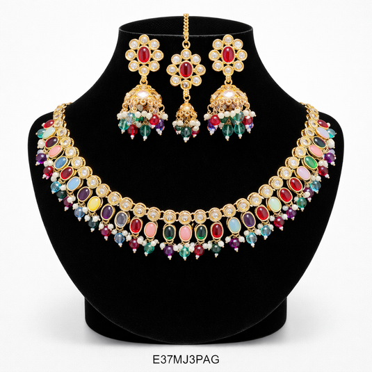 Meenakari Ethnic Kundan & Pearl Set - Choker, Earrings & Mangtikka in Rose Color - Multicolor