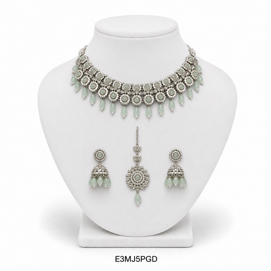 Meenakari Ethnic Kundan & Pearl Set - Choker, Earrings & Mangtikka in Silver Color - Mint Green