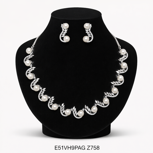 Premium AAA Grade Cubic Zircon / American Diamond Pearl Sets - Necklace & Earrings