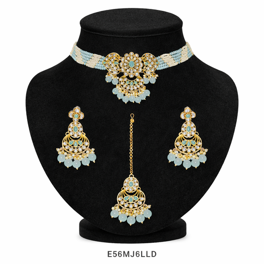Meenakari Ethnic Kundan & Pearl Set - Choker, Earrings & Mangtikka in Mehendi Color - Red, Light Pink, Dark Purple, White, Mint Green, Maroon, Light Blue
