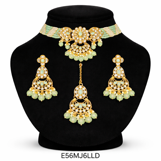Meenakari Ethnic Kundan & Pearl Set - Choker, Earrings & Mangtikka in Mehendi Color - Red, Light Pink, Dark Purple, White, Mint Green, Maroon, Light Blue