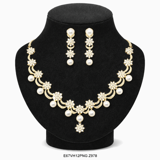 Premium AAA Grade Cubic Zircon / American Diamond Pearl Sets - Necklace & Earrings