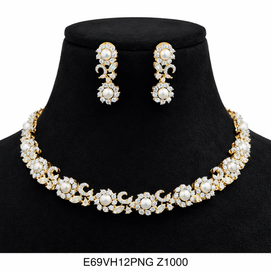 Premium AAA Grade Cubic Zircon / American Diamond Pearl Sets - Necklace & Earrings