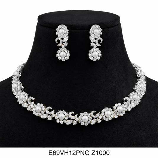 Premium AAA Grade Cubic Zircon / American Diamond Pearl Sets - Necklace & Earrings
