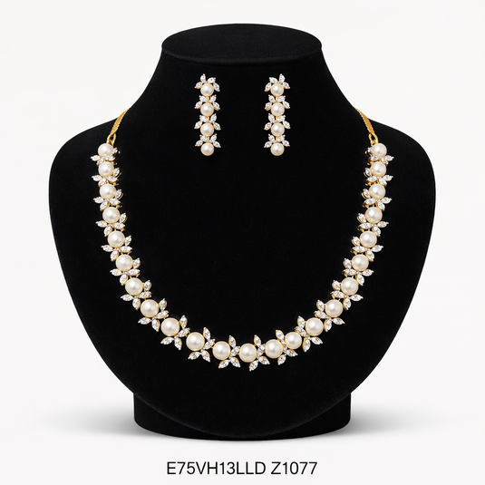 Premium AAA Grade Cubic Zircon / American Diamond Pearl Sets - Necklace & Earrings