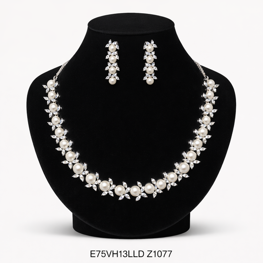 Premium AAA Grade Cubic Zircon / American Diamond Pearl Sets - Necklace & Earrings