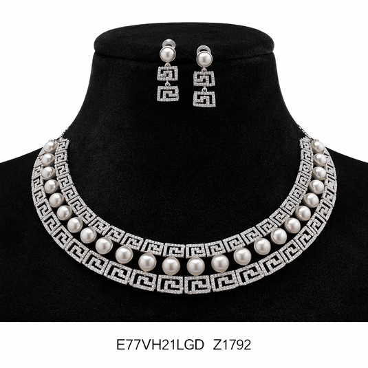 Premium AAA Grade Cubic Zircon / American Diamond Pearl Sets - Necklace & Earrings