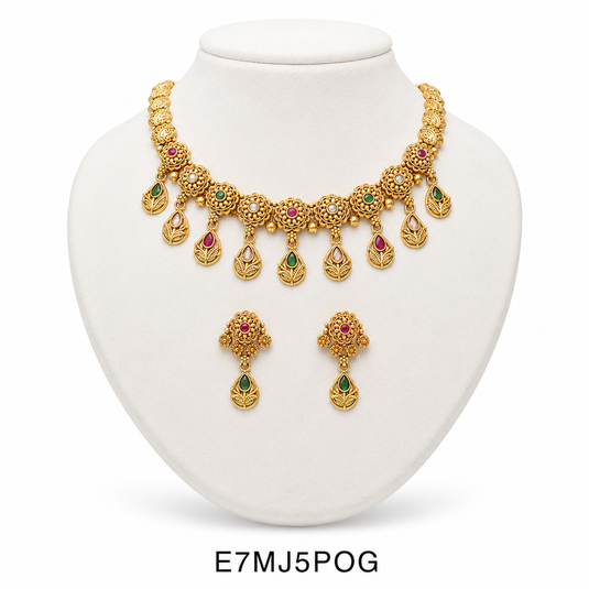 Meenakari Ethnic Ratnaraj Rajwadi Set - Choker & Earrings - Multicolor & Plain Gold