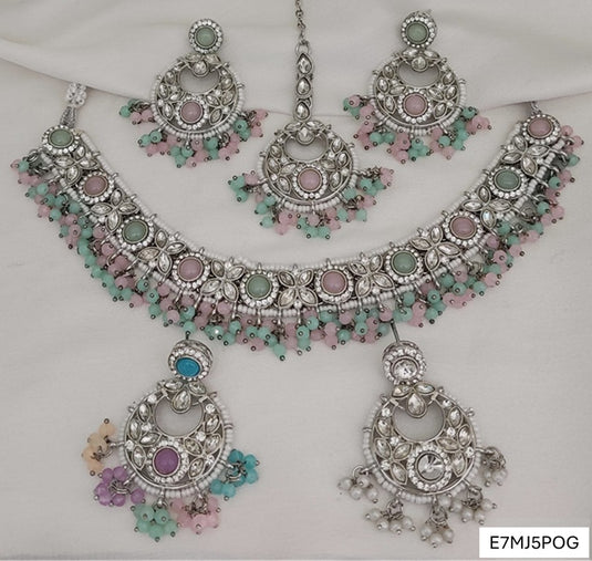 Meenakari Ethnic Kundan & Pearl Set - Choker, Earrings & Mangtikka in Silver Color - White, Mint Pink & Multicolor