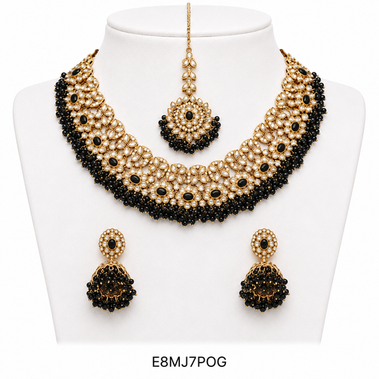 Meenakari Ethnic Kundan & Pearl Set - Choker, Earrings & Mangtikka in Mehendi Color - Black & Plain