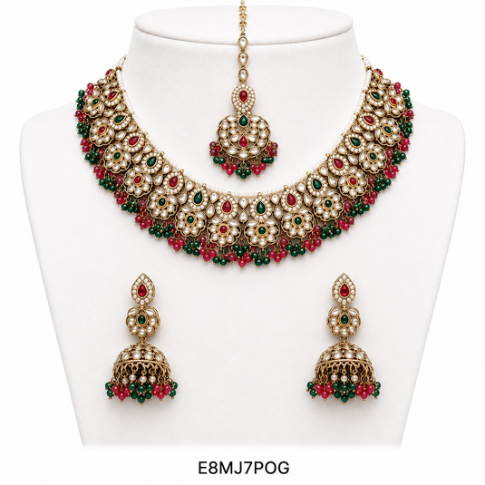 Meenakari Ethnic Kundan & Pearl Set - Choker, Earrings & Mangtikka in Mehendi Color - Multicolor & Plain