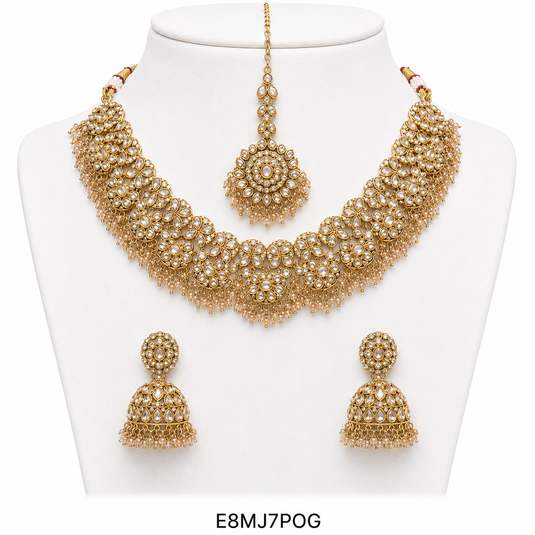 Meenakari Ethnic Kundan & Pearl Set - Choker, Earrings & Mangtikka in Mehendi Color - Black & Plain