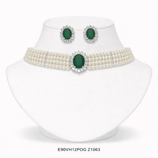 Premium AAA Grade Cubic Zircon / American Diamond Choker Pearl Sets - Necklace & Earrings - Blue Green Red Purple