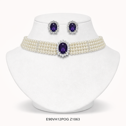 Premium AAA Grade Cubic Zircon / American Diamond Choker Pearl Sets - Necklace & Earrings - Blue Green Red Purple