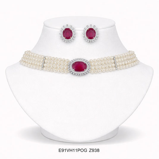 Premium AAA Grade Cubic Zircon / American Diamond Choker Pearl Sets - Necklace & Earrings - Blue Green Red Purple (Copy)