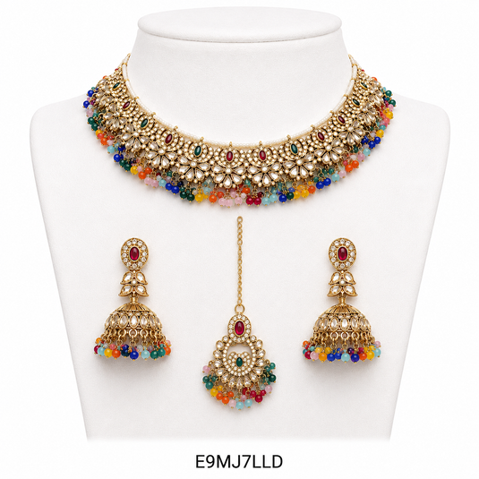 Meenakari Ethnic Kundan &amp; Pearl Set - Choker, Earrings &amp; Mangtikka in Mehendi Color - Orange, Multicolor &amp; Wine Color
