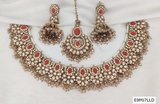 Meenakari Ethnic Kundan & Pearl Set - Choker, Earrings & Mangtikka in Mehendi Color - Orange