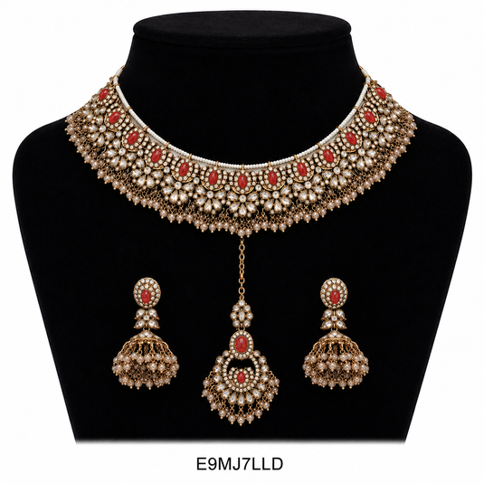Meenakari Ethnic Kundan &amp; Pearl Set - Choker, Earrings &amp; Mangtikka in Mehendi Color - Orange, Multicolor &amp; Wine Color