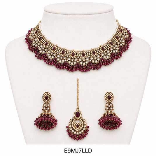 Meenakari Ethnic Kundan &amp; Pearl Set - Choker, Earrings &amp; Mangtikka in Mehendi Color - Orange, Multicolor &amp; Wine Color