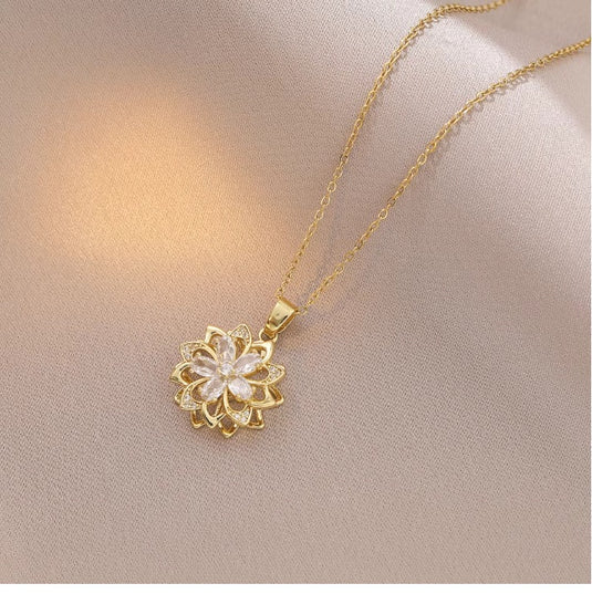 Rotatable Flower Necklace in Stainless Steel and Cubic Zircon
