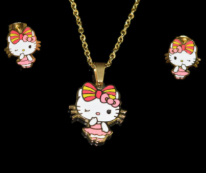 Stainless Steel Hello Kitty Wink with a Big Bow - Necklace & Earrings