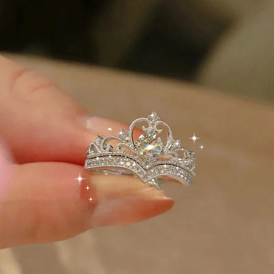 Set of 2 Pieces Crown Design Zircon Finger Ring, Size 7