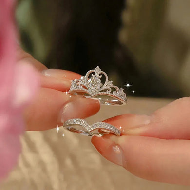 Set of 2 Pieces Crown Design Zircon Finger Ring, Size 7