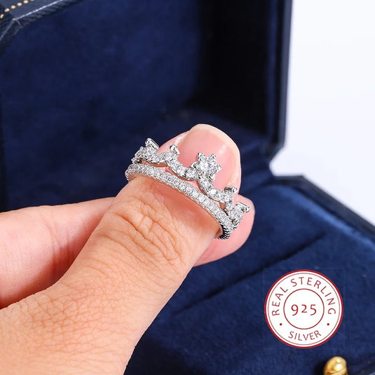 925 Silver Luxury 2 Piece Crown Design Zircon Finger Ring, Size 7