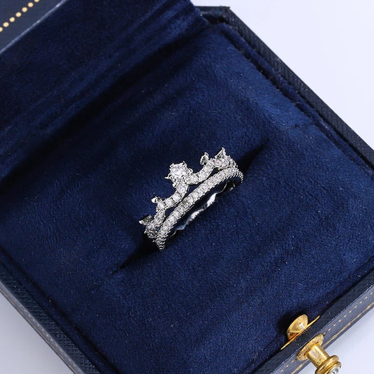 925 Silver Luxury 2 Piece Crown Design Zircon Finger Ring, Size 7